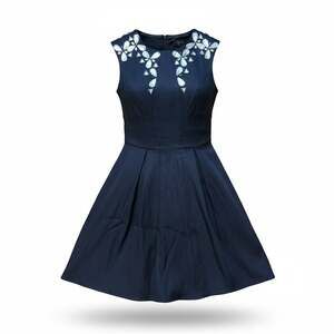Aqua Navy Blue Jeweled Neck Fit and Flare Sleeveless Dress